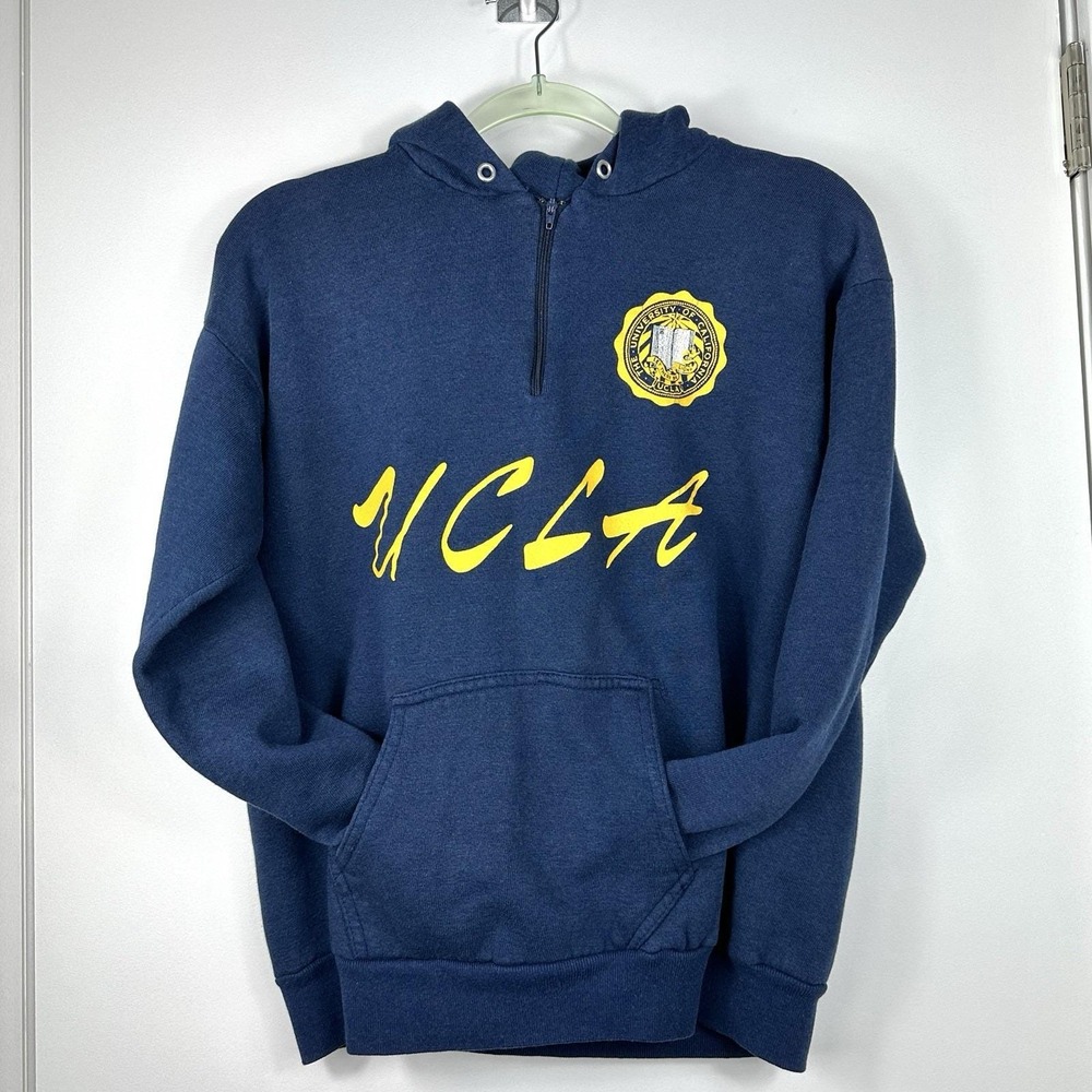 Vintage 80s UCLA Hooded Sweatshirt Large –  Quarter Zip Pullover by Wolf USA,